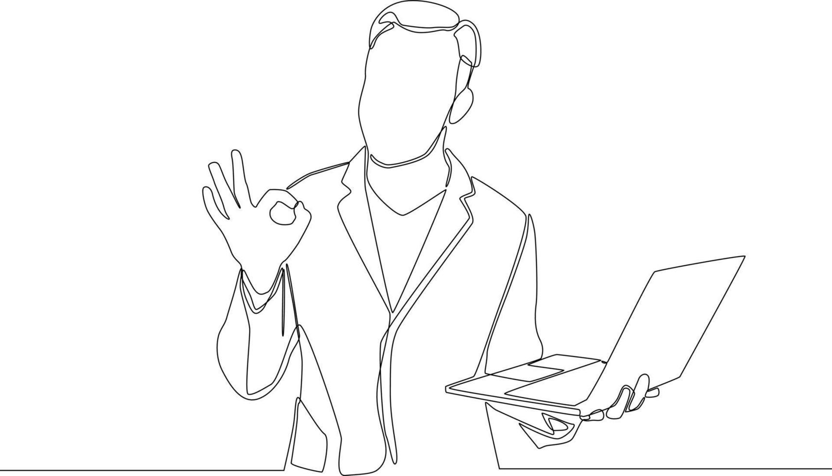 Single continuous line drawing of young businessman holding laptop and showing ok on white background. one line draw design graphic vector illustration.