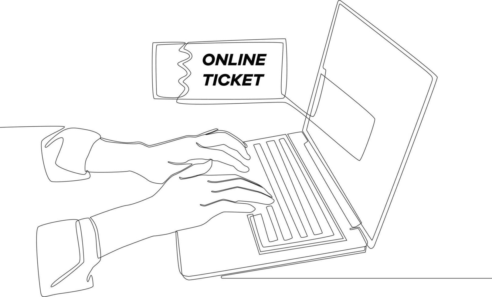 Continuous one line drawing of consumer ordering online ticket with a laptop. Single line draw design vector graphic illustration.