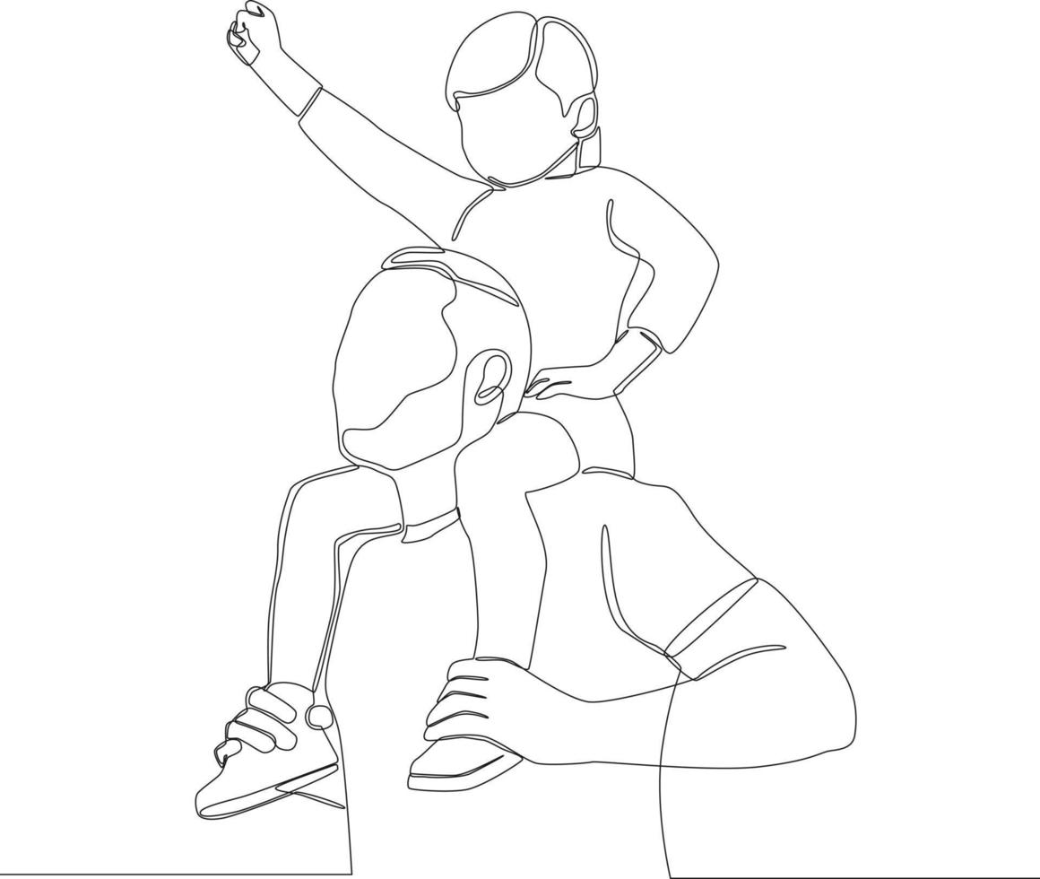 Continuous one line drawing daddy cradle daughter on his back. happy father days. Global day of parents. Single line draw design vector graphic illustration.