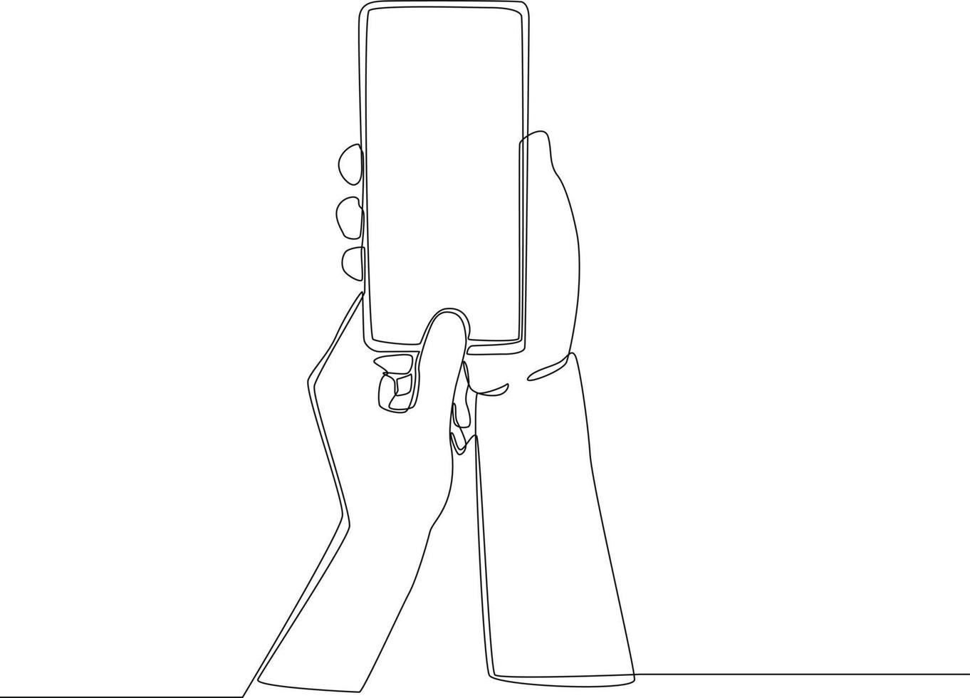 Continuous one line drawing man holding smartphone to open it with thumb. Single line draw design vector graphic illustration.