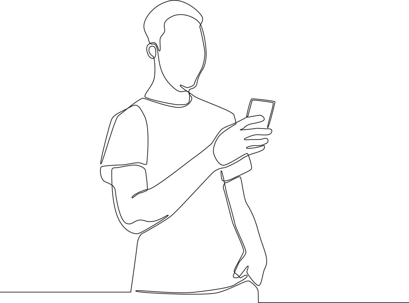 One single line drawing a young student sending a message via chat to someone using his smartphone. concept continuous line draw design vector. vector