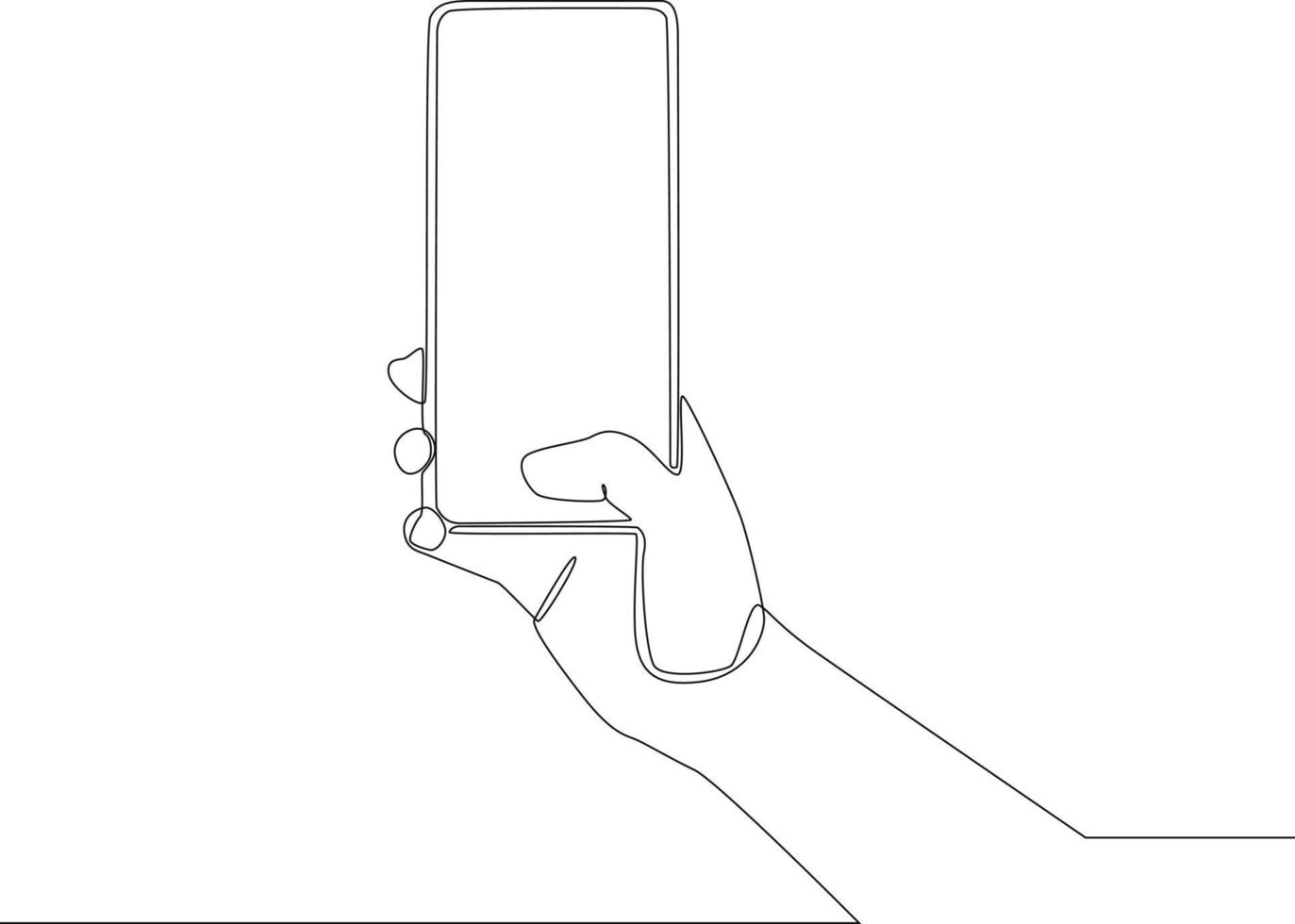Continuous one line drawing man holding smartphone to open it with thumb. Single line draw design vector graphic illustration.