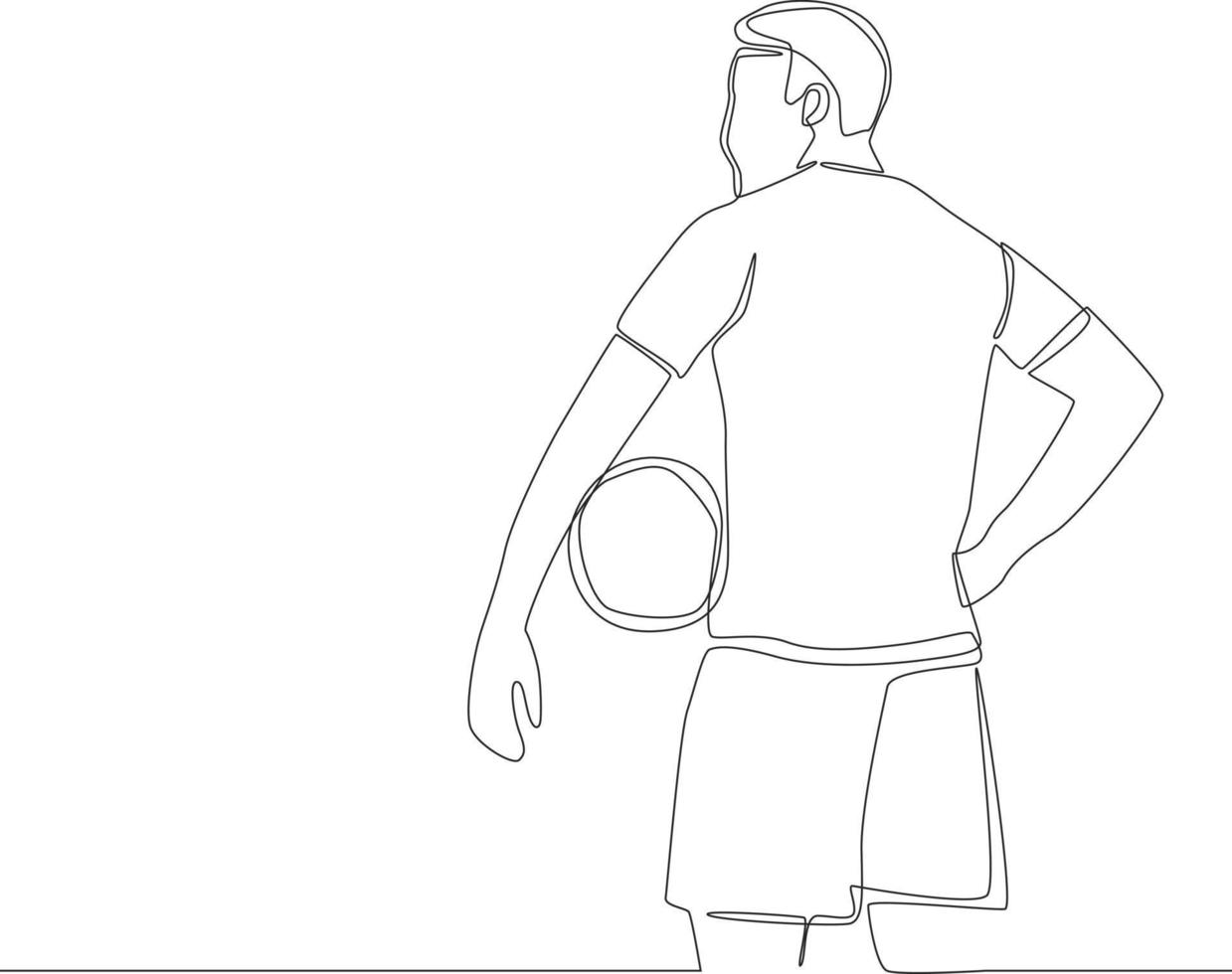 Continuous one line drawing of From back portrait a soccer player holding a football isolated on white background.  Modern single line draw design vector graphic illustration.