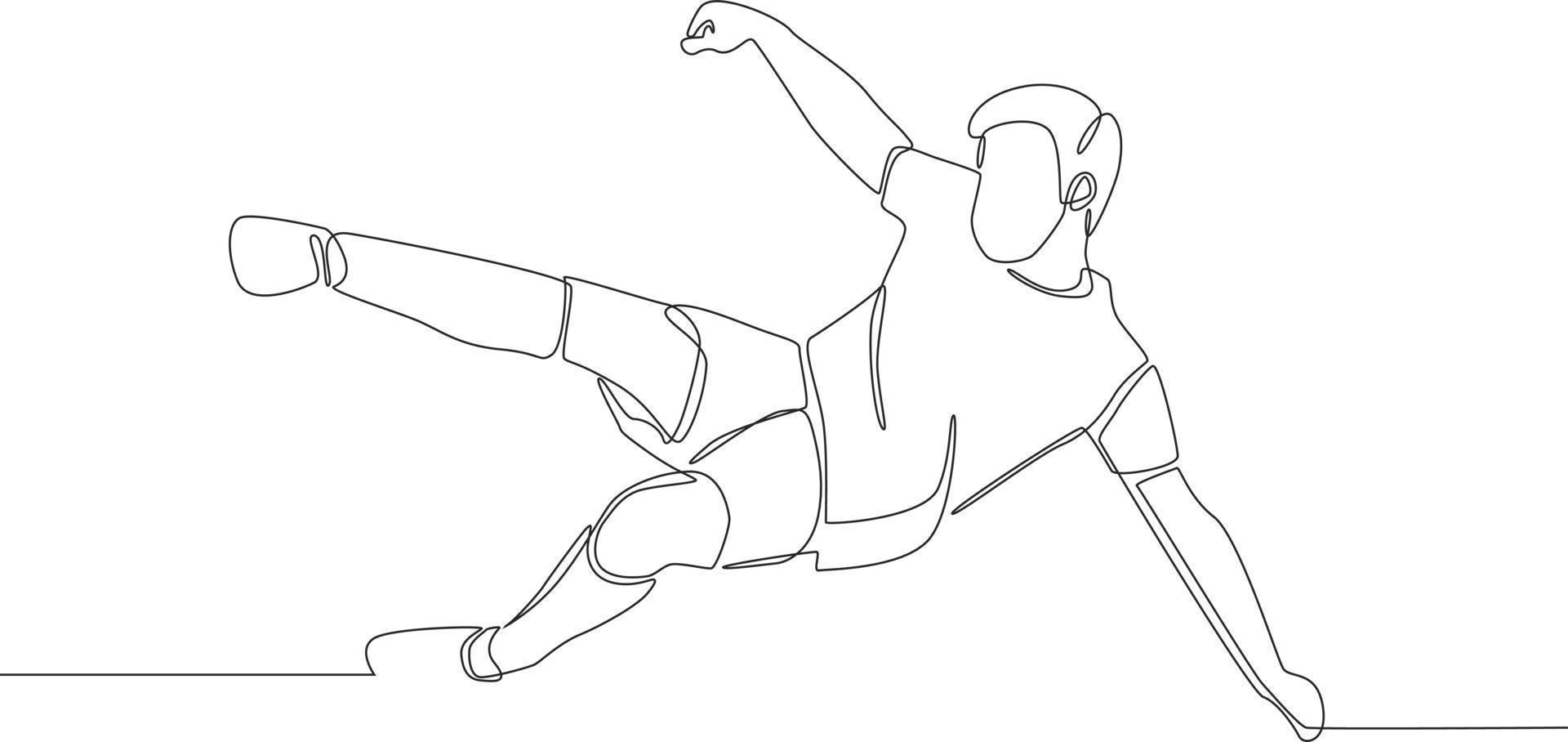 Continuous one line drawing of young football player kick ball in  jumping on the air in dynamic pose on white background.  Modern single line draw design vector graphic illustration.