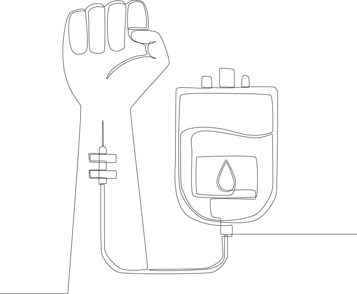 Continuous one line drawing blood bag and hand of donor. Single line draw design vector graphic illustration..