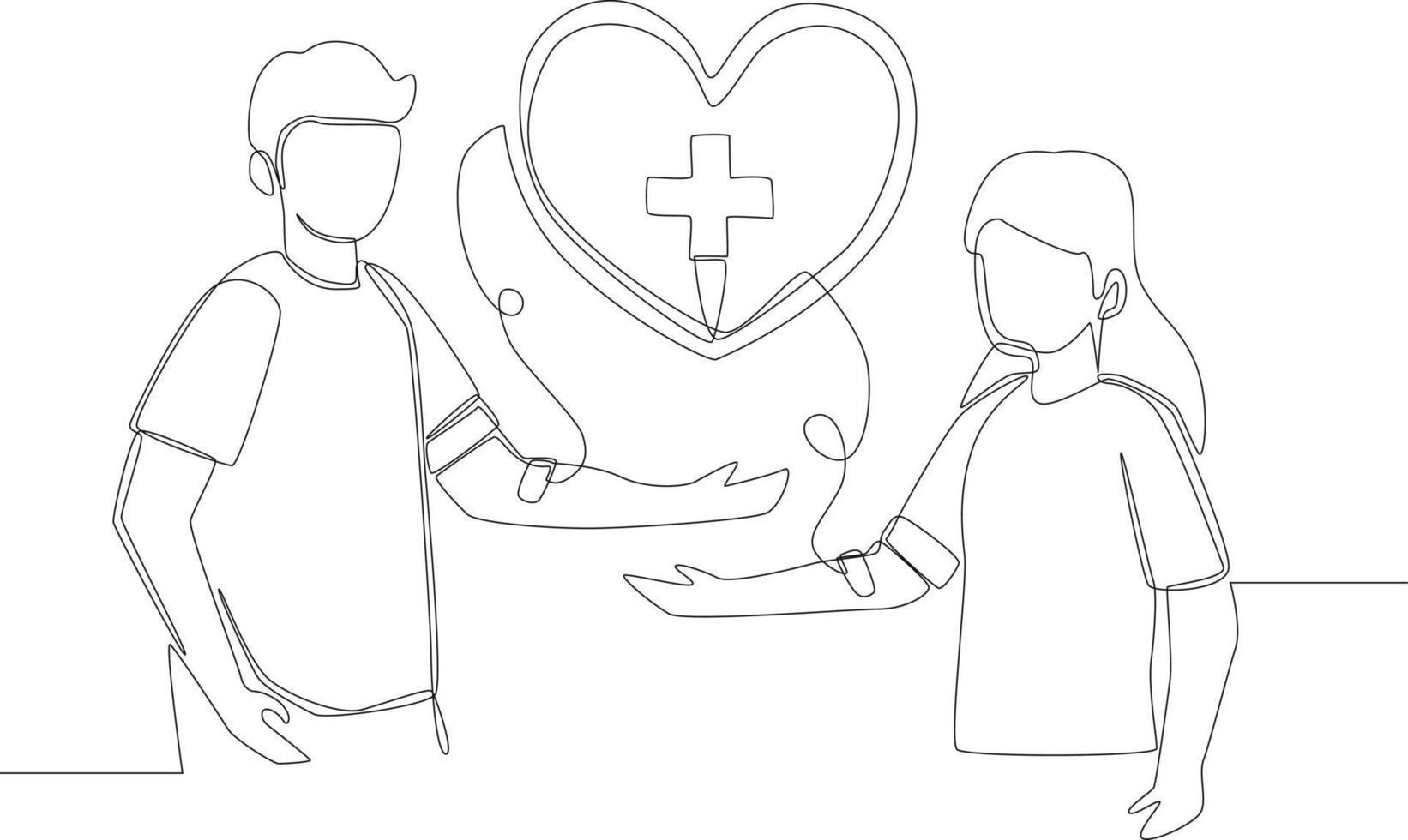 Single continuous line drawing young boy transfusion blood to his friend. One line draw graphic design vector illustration.
