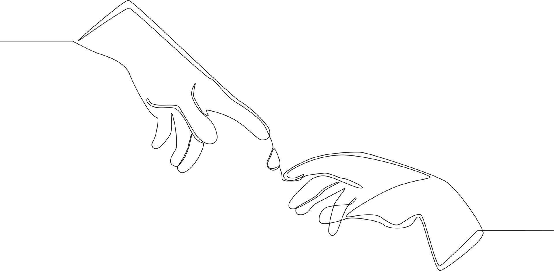 Single continuous line drawing the finger hand above is giving a drop of blood to the finger hand below. One line draw graphic design vector illustration.