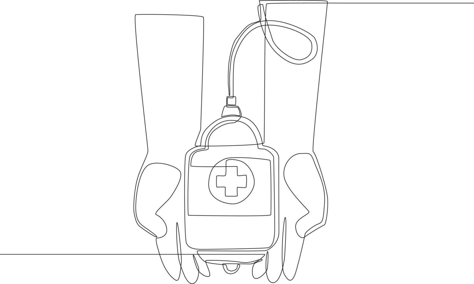 Single continuous line drawing hands holding blood bag for transfusion. One line draw graphic design vector illustration.