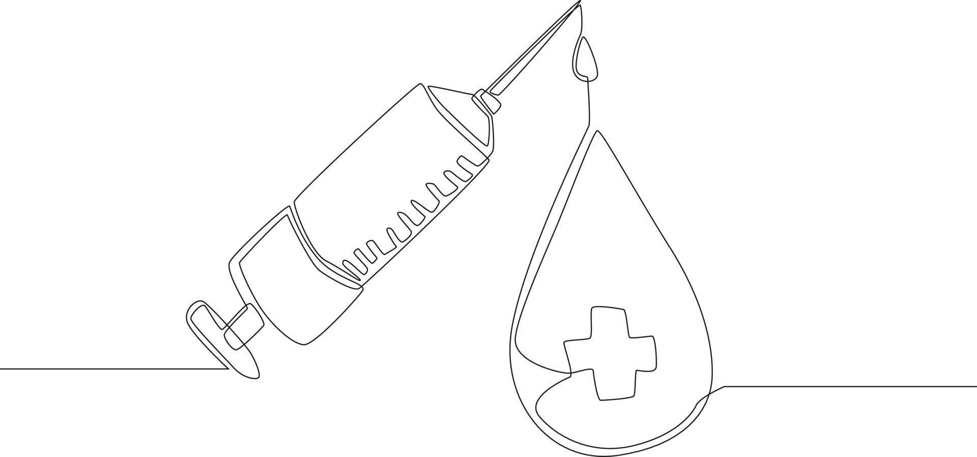 Single continuous line drawing a syringe and a drop of blood. World