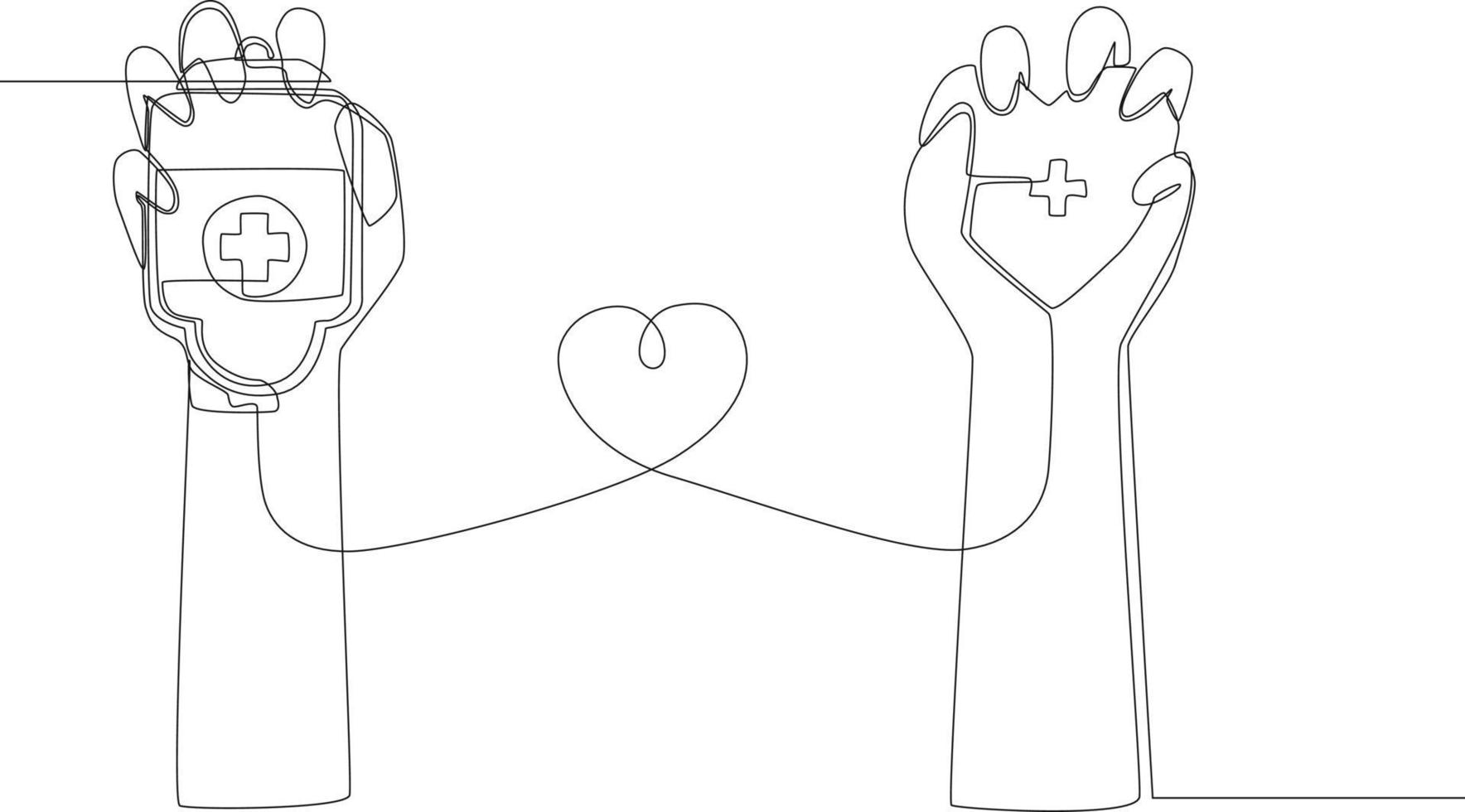 Single continuous line drawing The right hand holds the blood transfusion bag to the left hand holds the heart.  One line draw graphic design vector illustration.