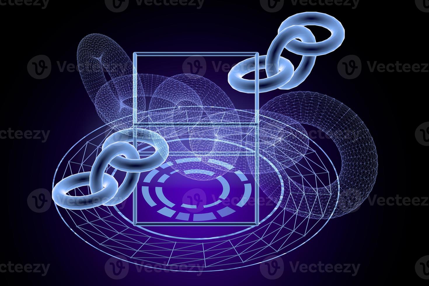 Block chain network concept 3d technology, background made of circle lines and particles. 3D rendering. photo