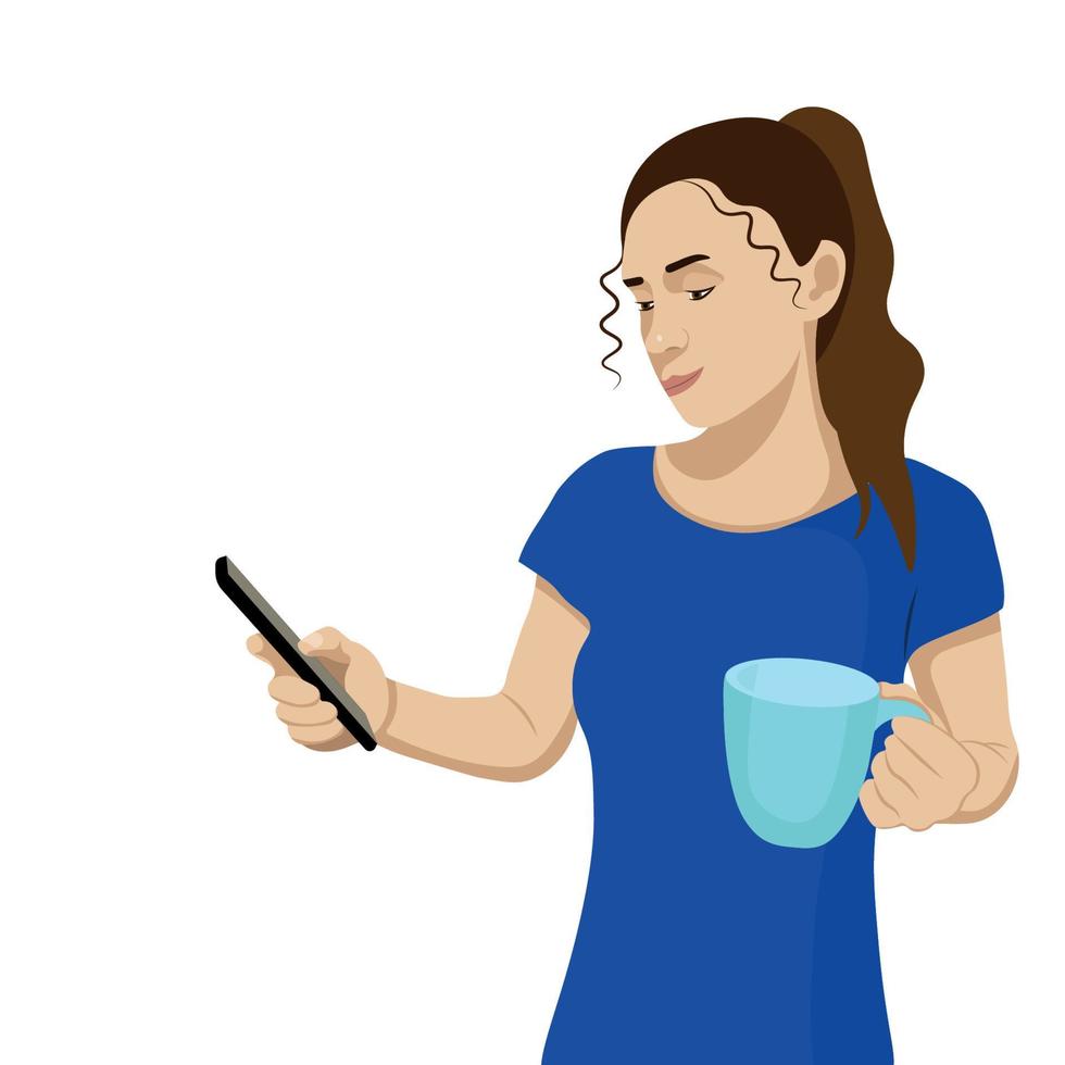 chica con un teléfono en una mano y una taza en la otra, vector plano aislado en fondo blanco, bloguera, líder de opinión, influenciadora