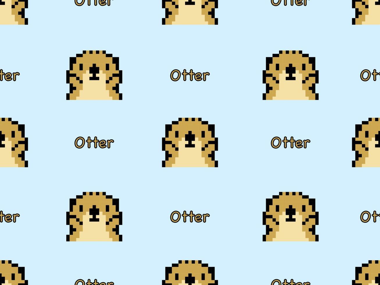 Otter cartoon character seamless pattern on blue background.Pixel style vector