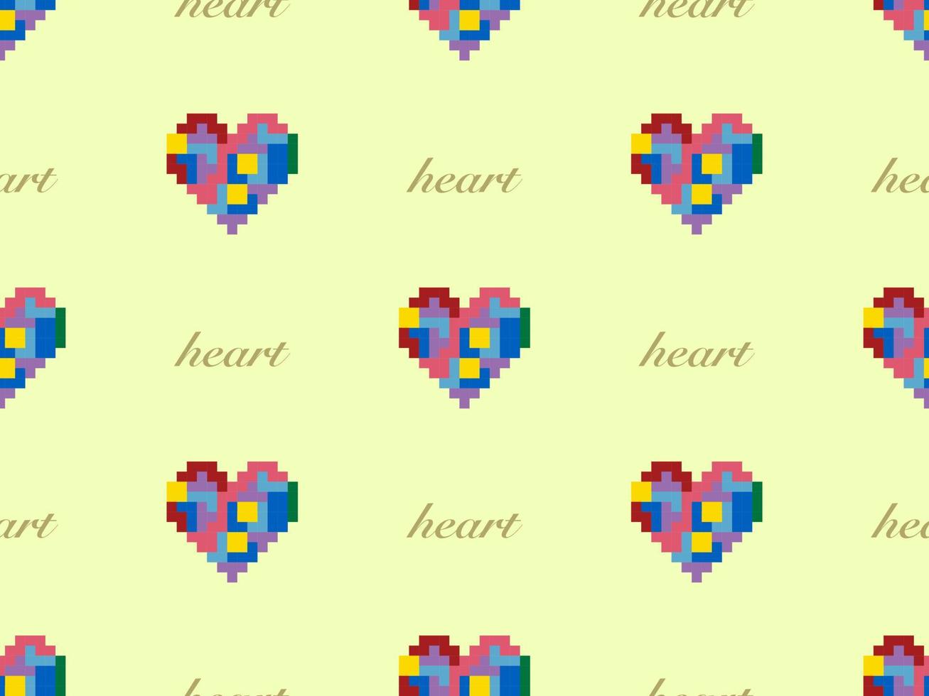 Heart cartoon character seamless pattern on yellow background.Pixel style vector