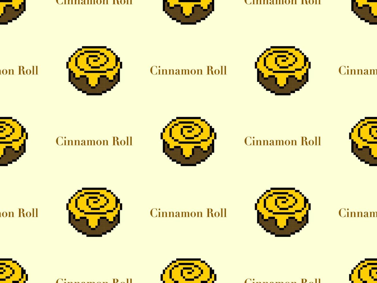 Cinnamon roll cartoon character seamless pattern on yellow background.Pixel style vector