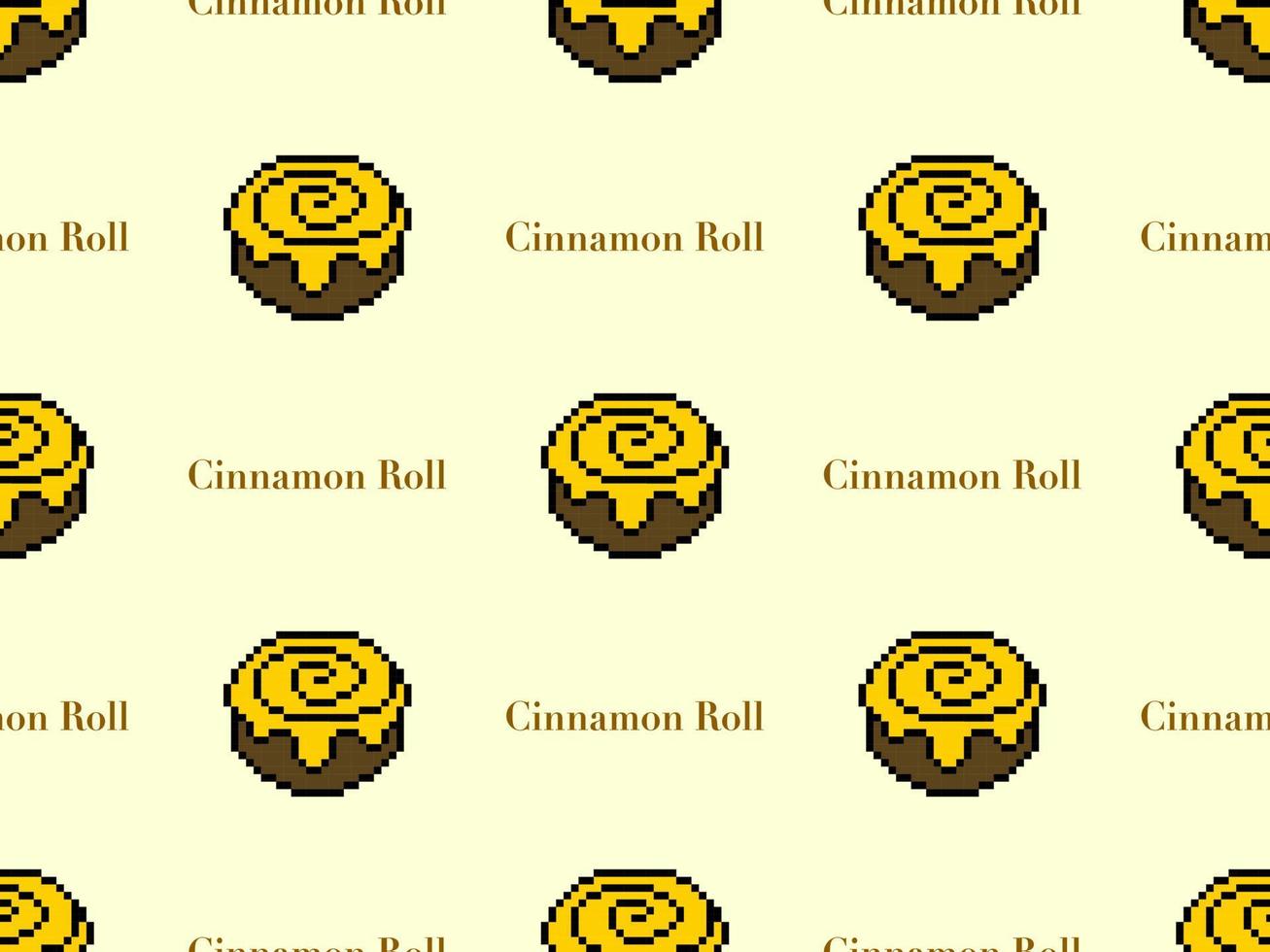 Cinnamon roll cartoon character seamless pattern on yellow background.Pixel style vector