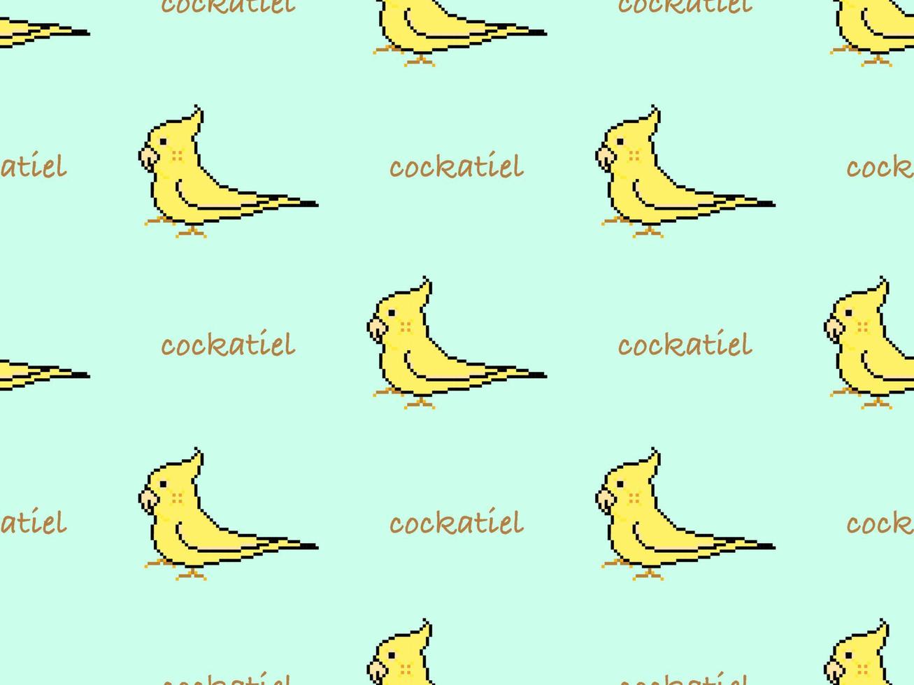 Cockatiel cartoon character seamless pattern on green background.Pixel style vector