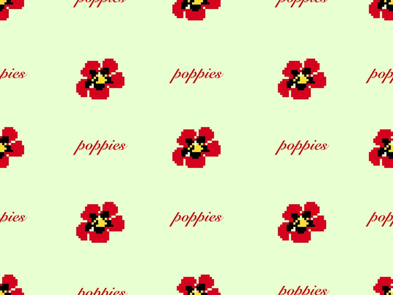 Poppies cartoon character seamless pattern on green background.Pixel style vector