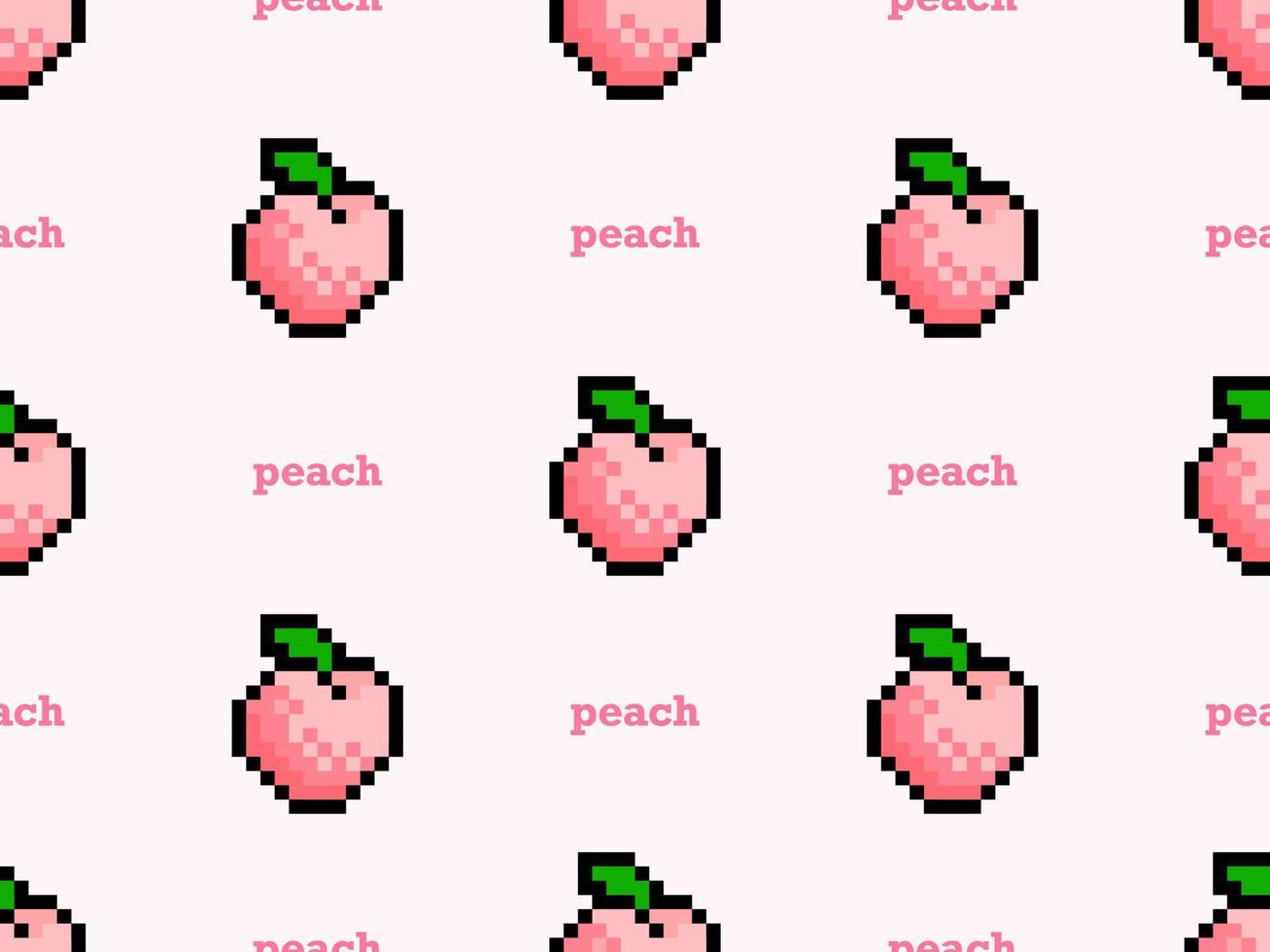 Peach cartoon character seamless pattern on pink background.Pixel style vector