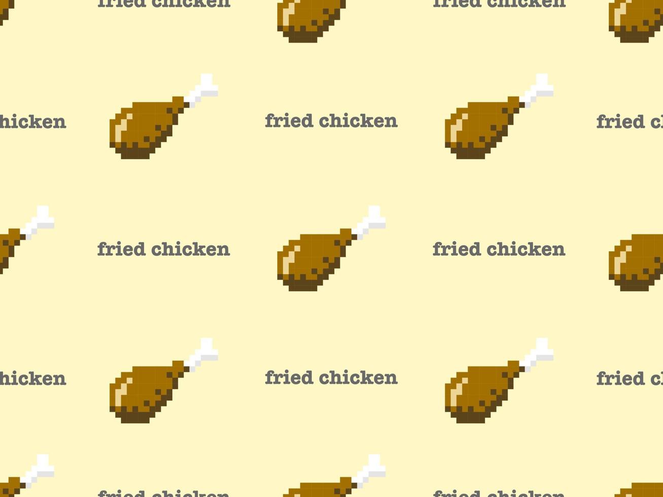 Fried chicken cartoon character seamless pattern on yellow background.Pixel style vector