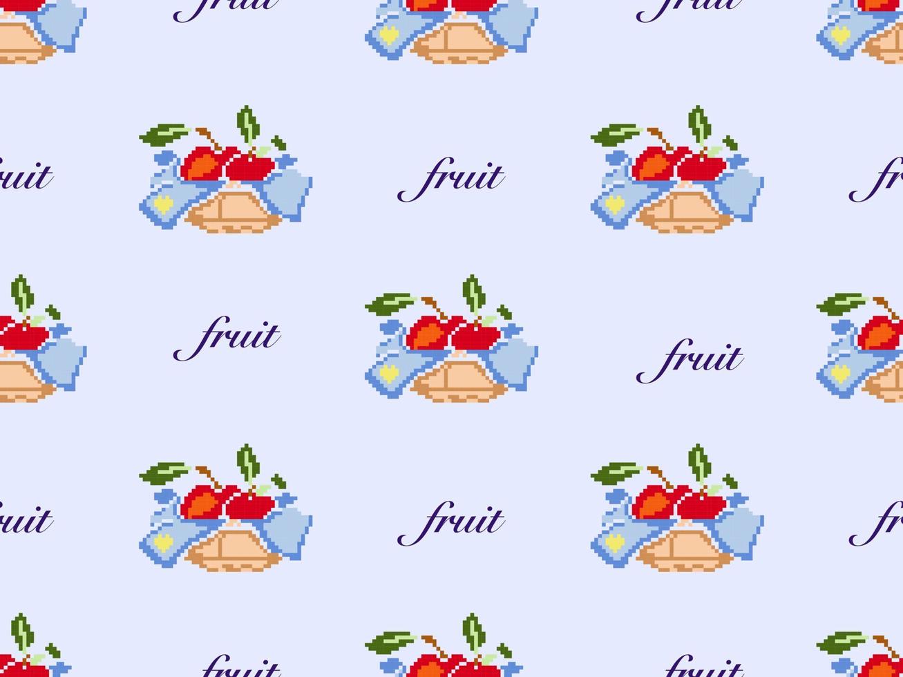 Fruit basket cartoon character seamless pattern on blue background.Pixel style vector