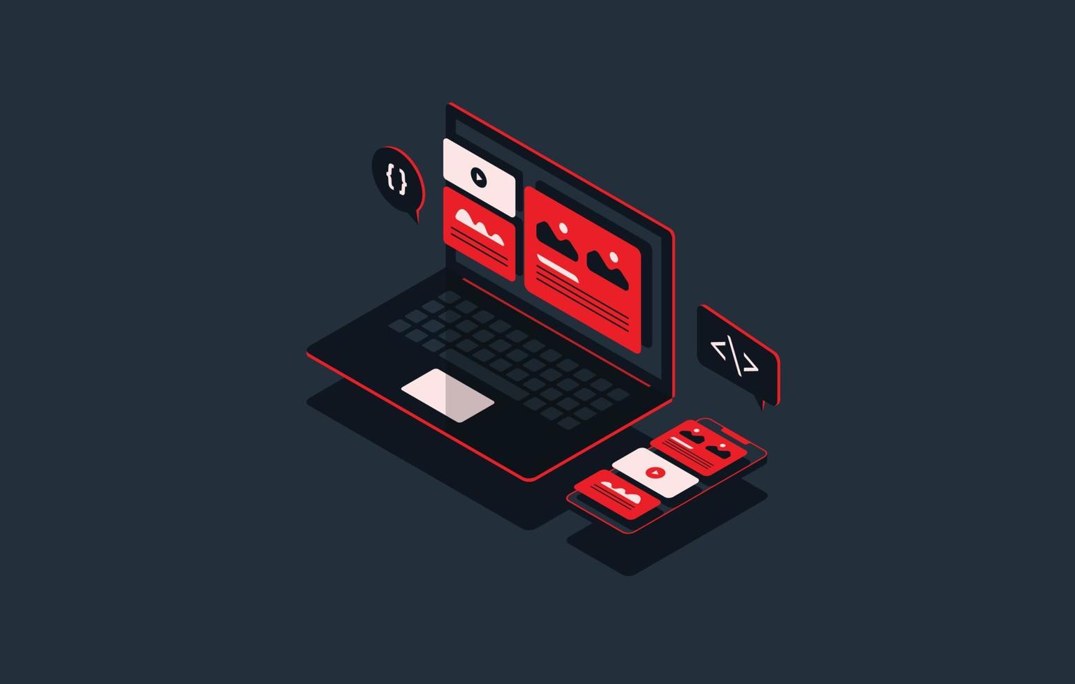 Mobile application and Web development in isometric style, Responsive UX UI design,  Coding and programming concept vector