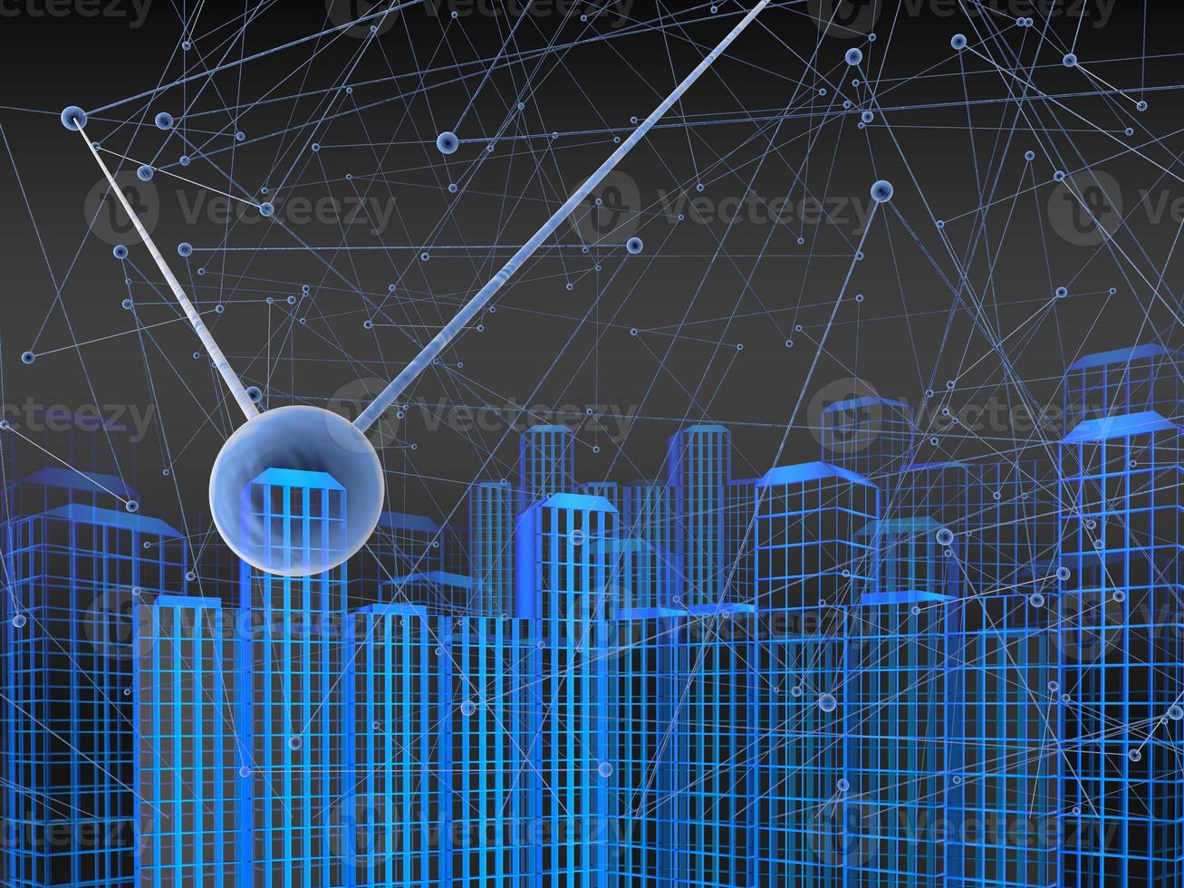 Block chain network concept 3d technology, background made of circle lines and particles. 3D rendering. photo
