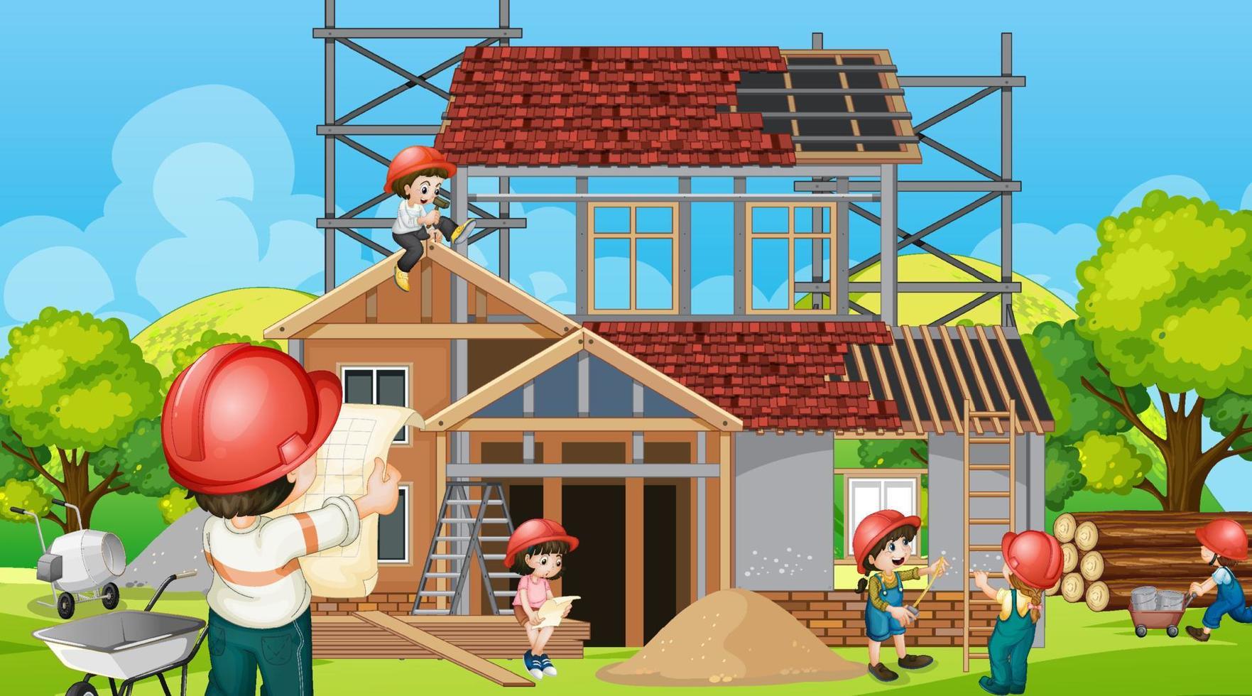 Building house construction site and workers vector
