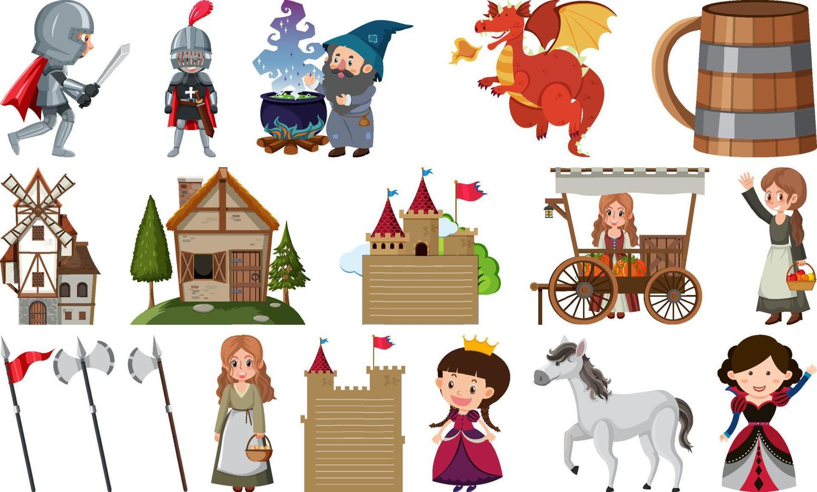 Medieval characters buildings set vector