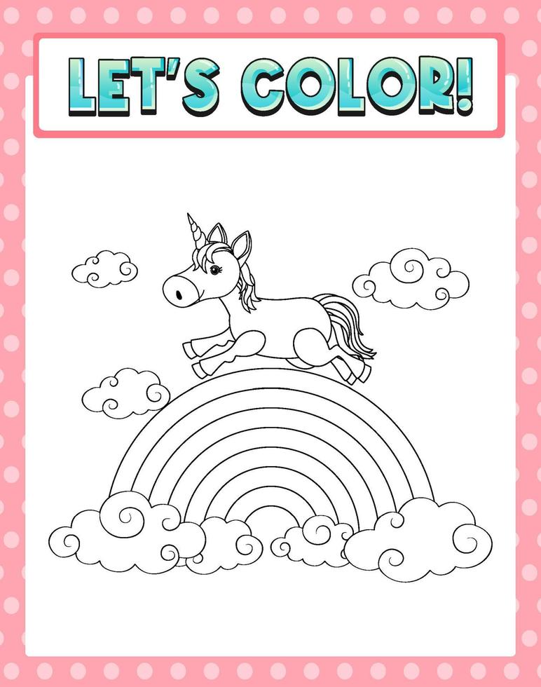 Worksheets template with color time text and Unicorn outline vector