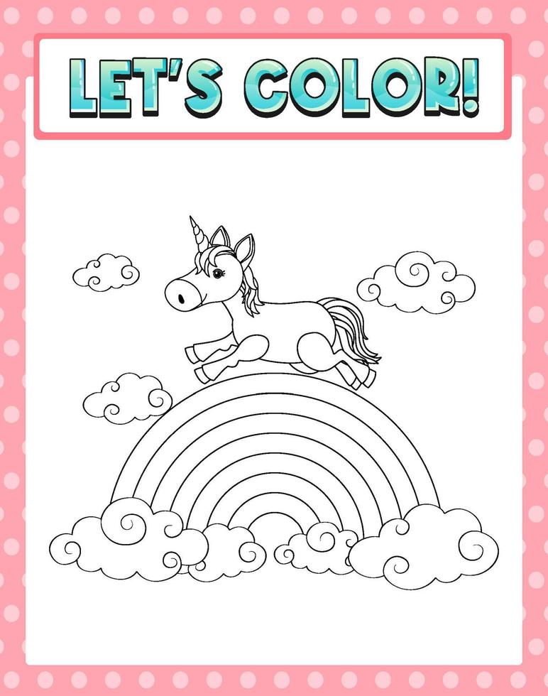 plantilla de hojas de trabajo con texto de tiempo de color y contorno de unicornio vector