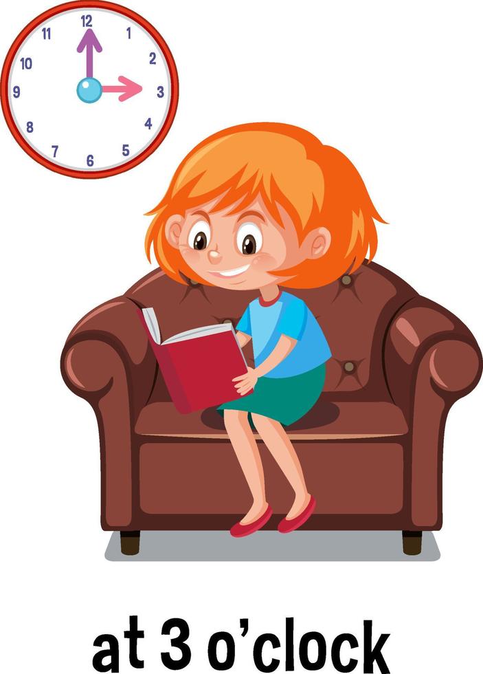 English prepositions of time with kid and clock vector