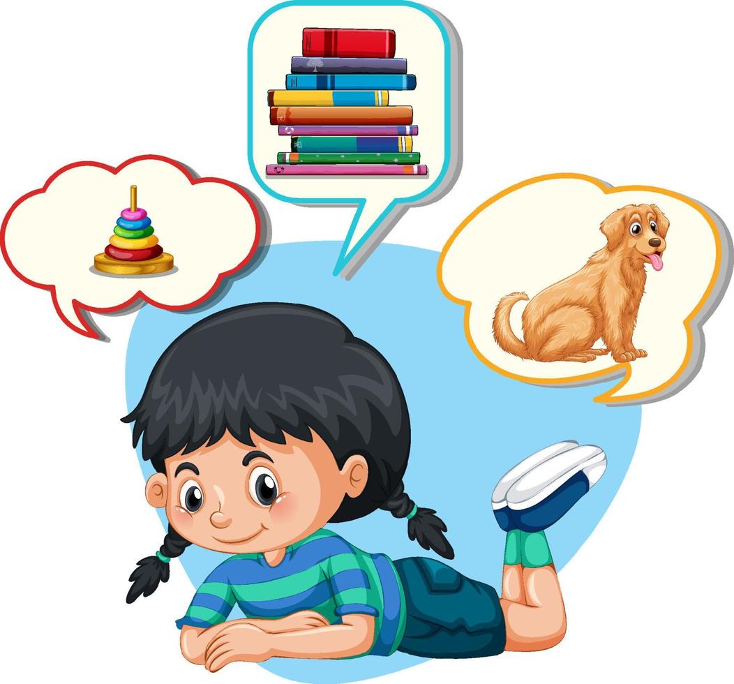 niña pensando en libros y perro vector