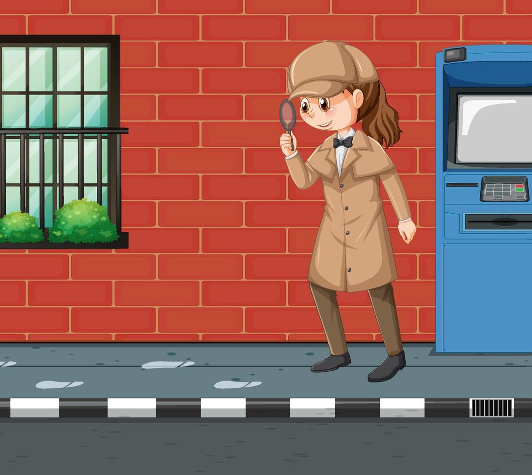 Detective looking for clues with magnifying glass in scene vector