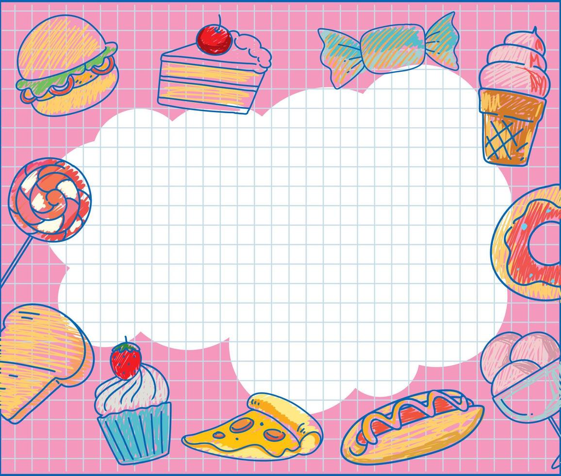 Dessert hand drawn coloured crayon background template vector