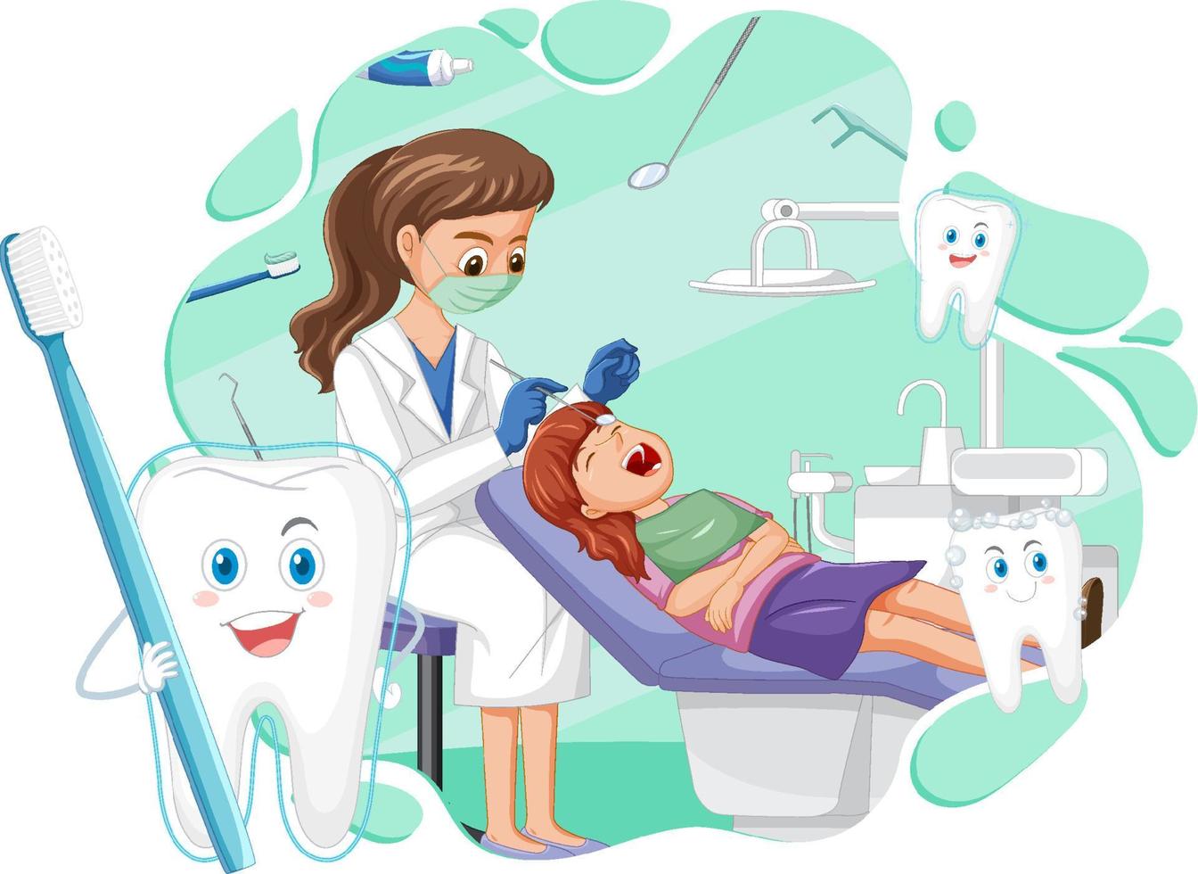 Dentist woman examining patient teeth on white background vector