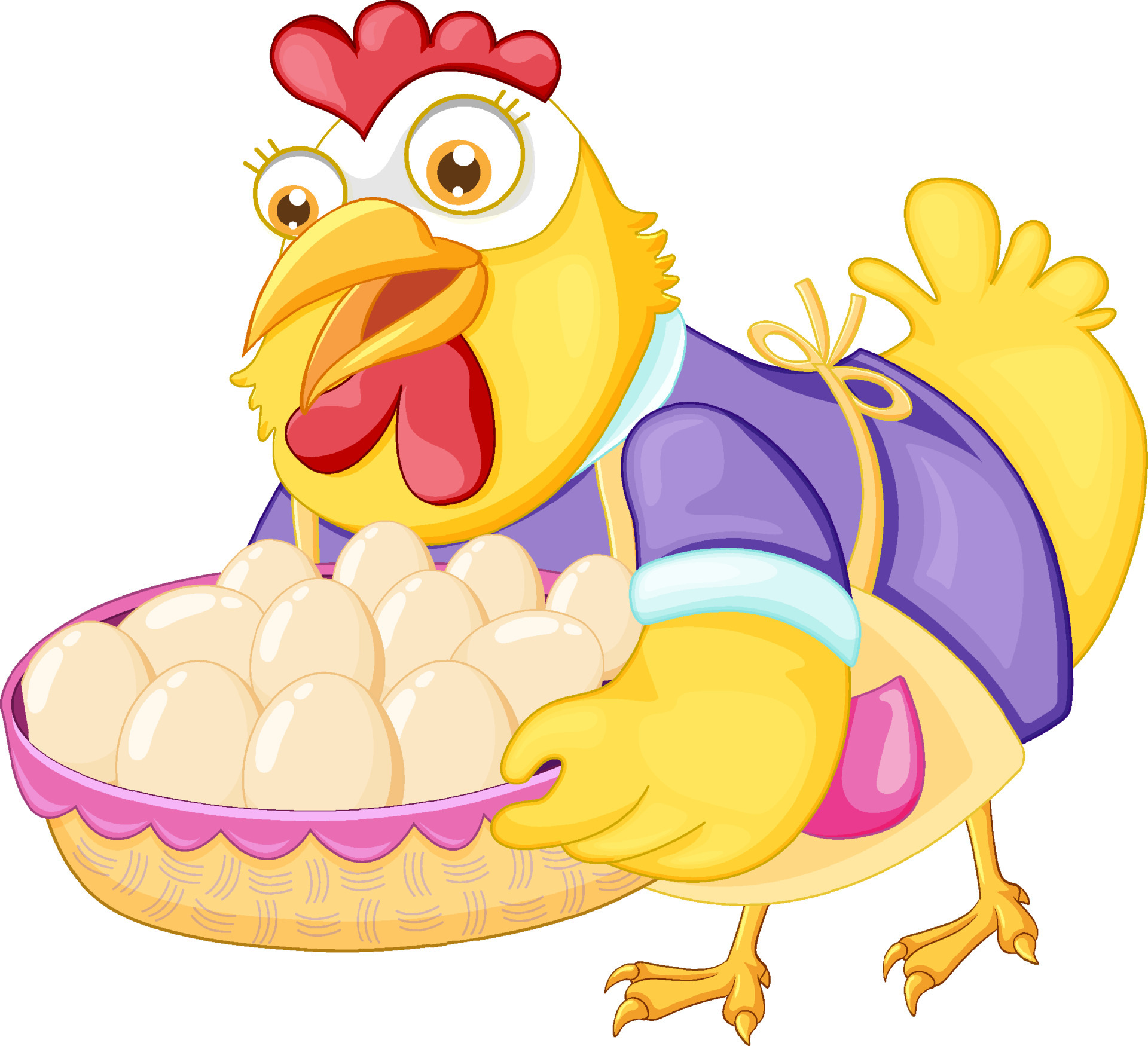 Cute chicken cartoon character holding a basket of egg 7105963 Vector Art  at Vecteezy