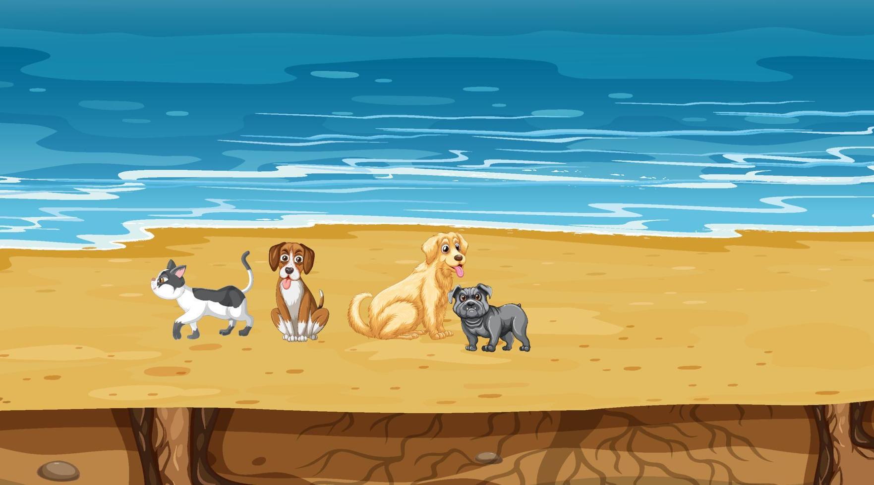 Set of different domestic animals on the beach scene vector