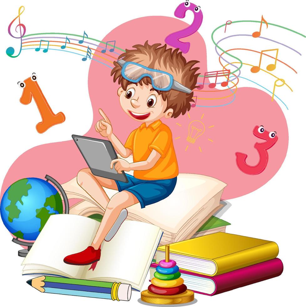 un niño leyendo libros en una pila de libros vector
