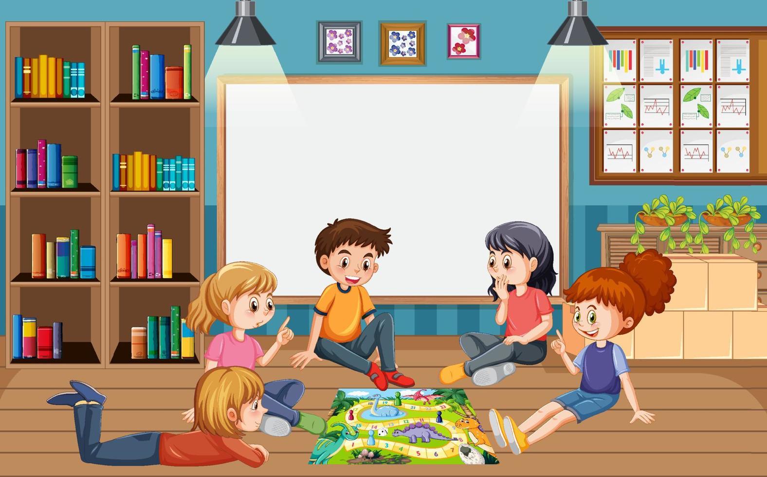 niños jugando juegos de mesa en la habitación vector