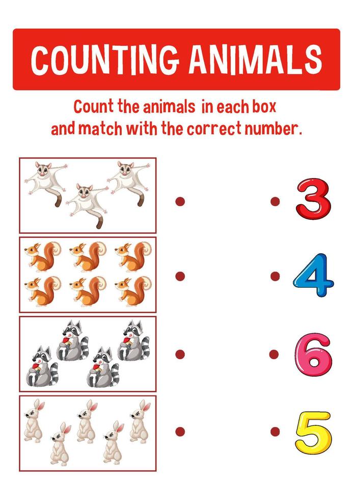 Worksheet design for counting animals vector