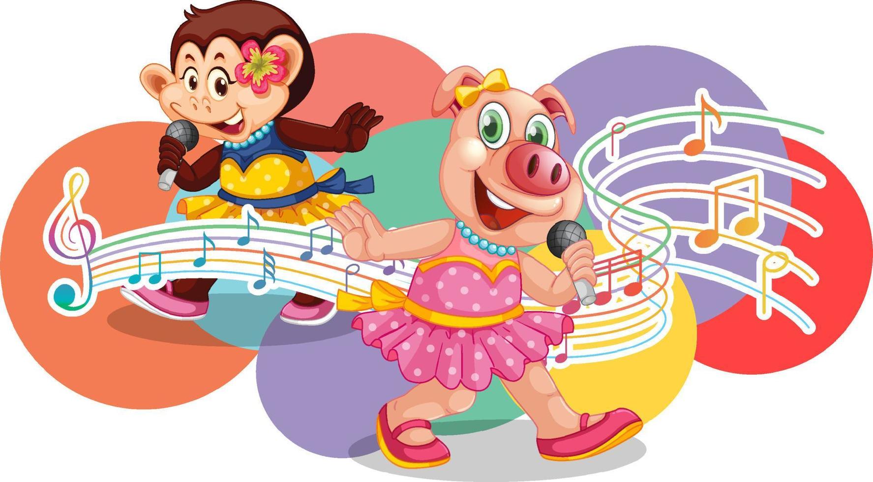 Singer piggy and monkey cartoon with music melody symbols vector