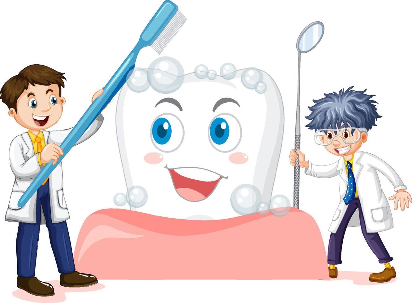 Dentist brushing bit tooth with a toothbrush on white background vector