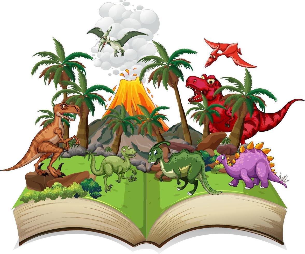 Storybook with dinosaurs in the field vector