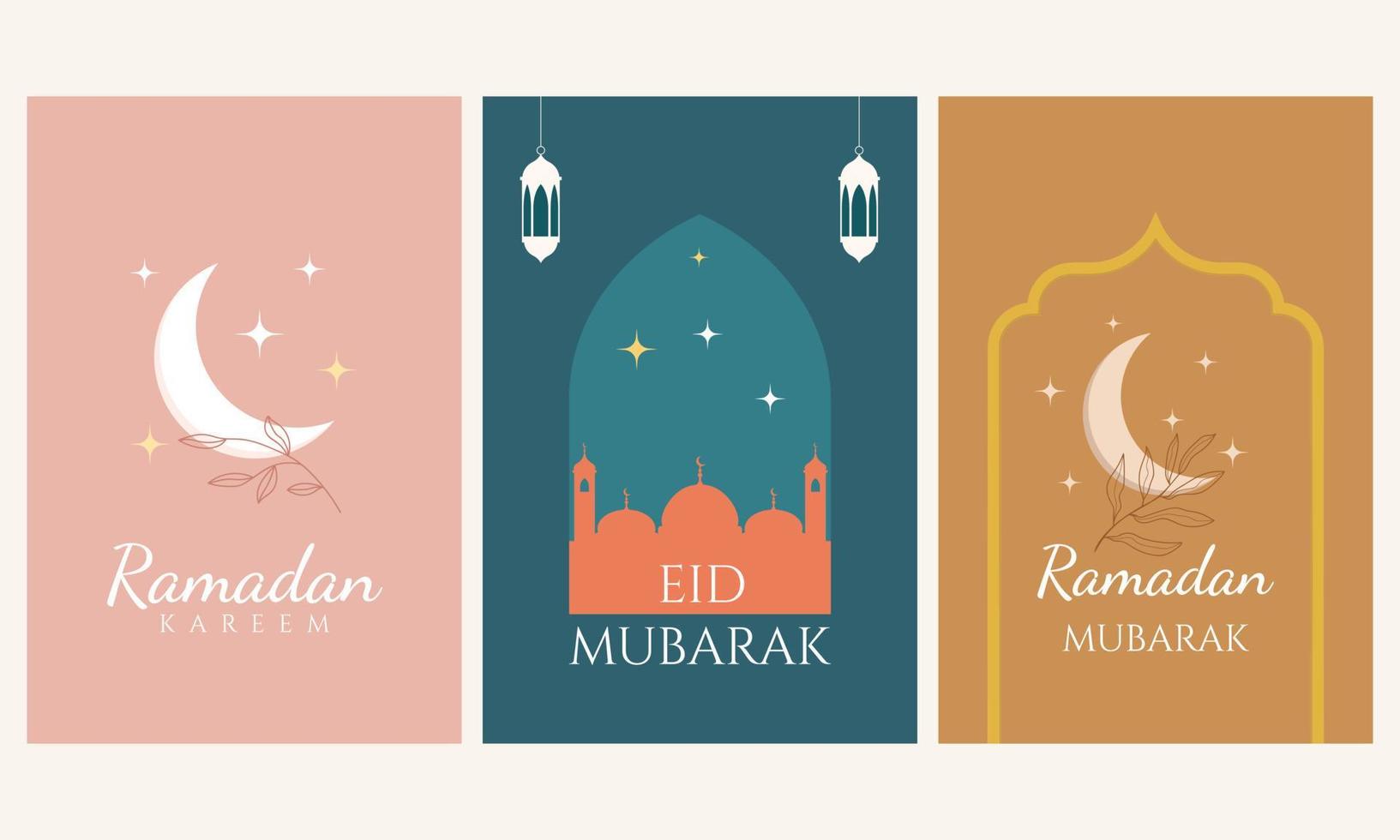 conjunto de tarjetas de felicitación ramadan mubarak con estilo retro vector