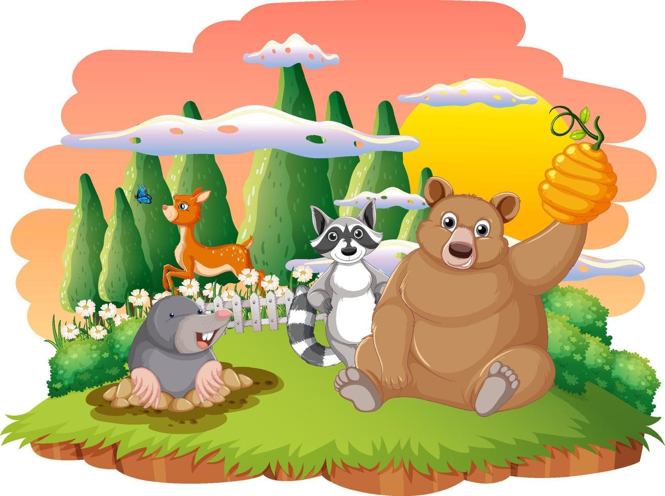 Isolated scene with different cute animals vector