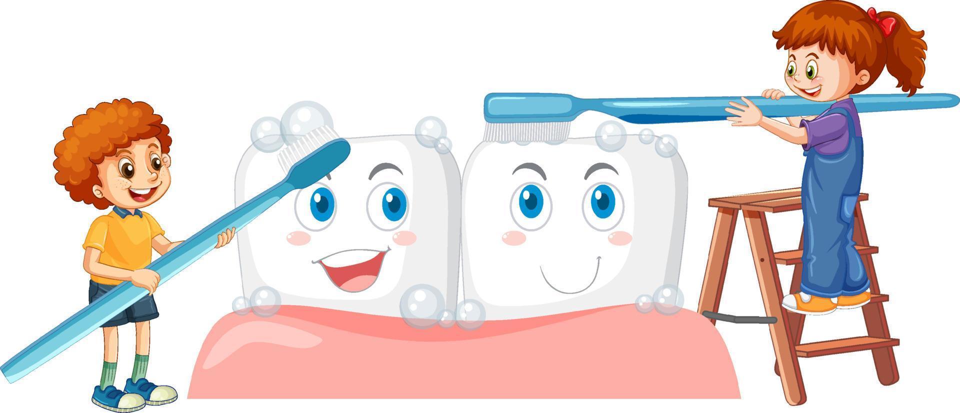 niños cepillando dientes blanqueados con un cepillo de dientes sobre fondo blanco vector