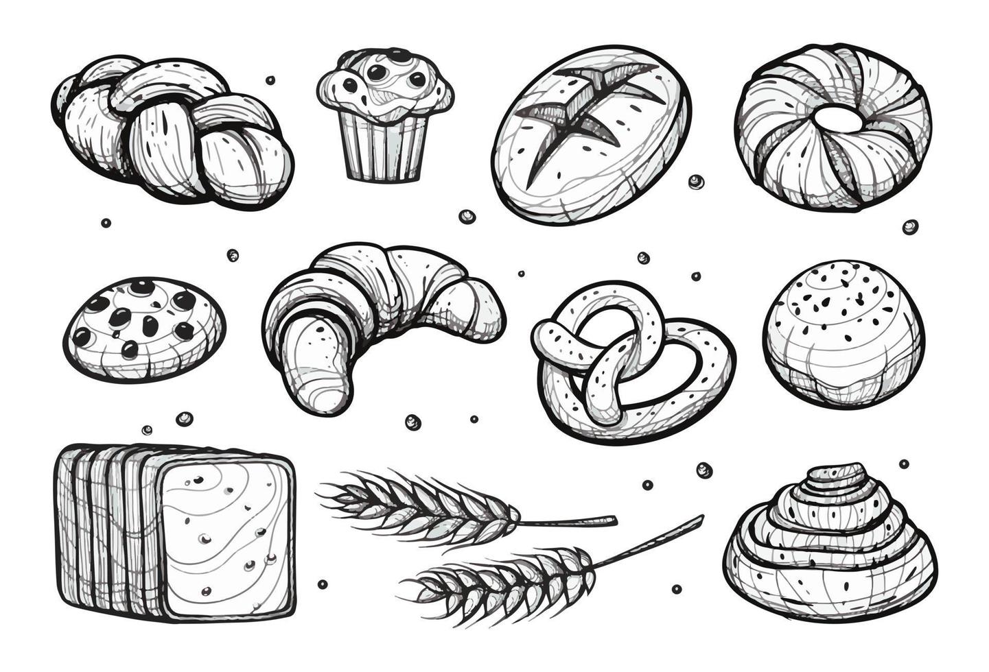 conjunto de varios panes. panadería pastelería productos dibujados a mano ilustración vectorial vector