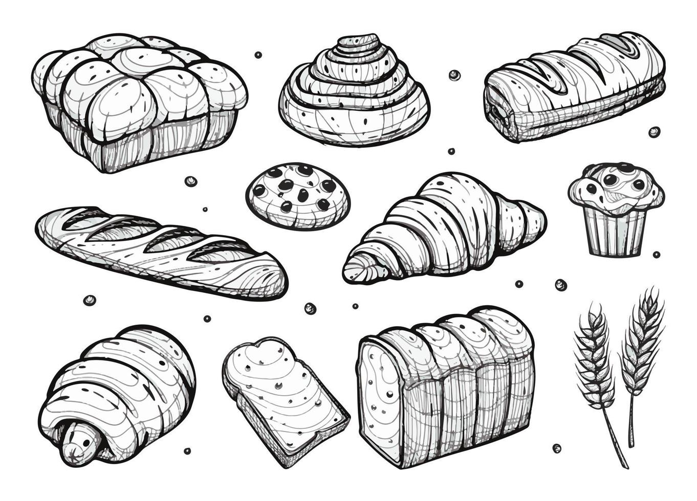 Set of breads illustration. Bakery pastry products hand drawn sketch isolated on white vector