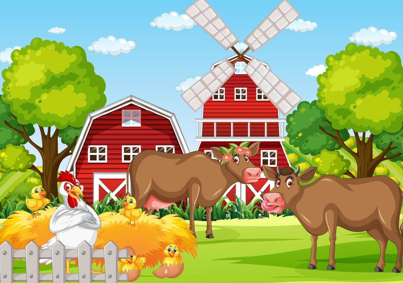 escena de granja de vacas al aire libre con dibujos animados de animales felices vector